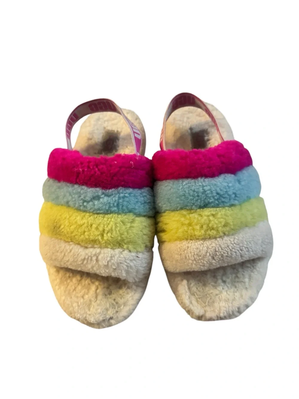 UGG Rainbow Fluff Yea Slide Sandals - Pink, Aqua, Yellow, Cream, Size 3.